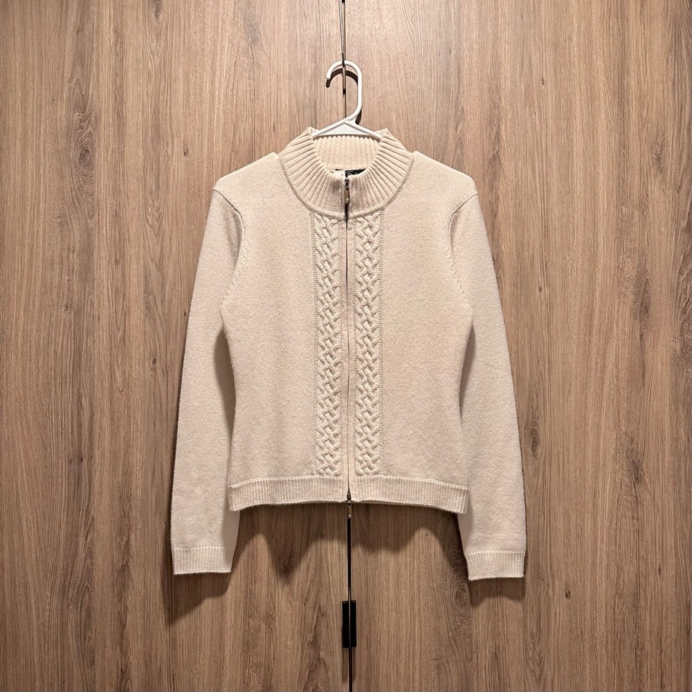 Vintage Faust Cream Cashmere Zip Up Crew Neck Cable Knit Sweater Size M
